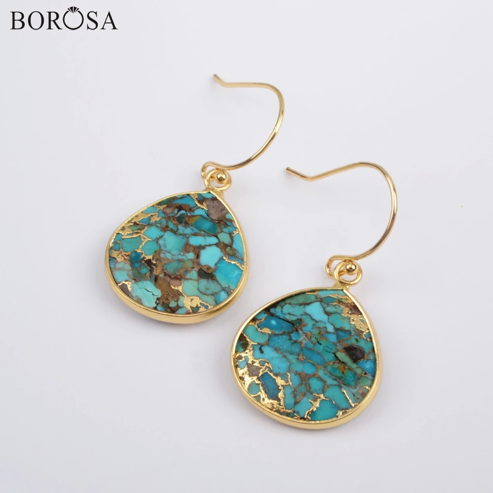 Серьги капли из меди BOROSA длинные женские серьги натуральной Бирюза с золотым