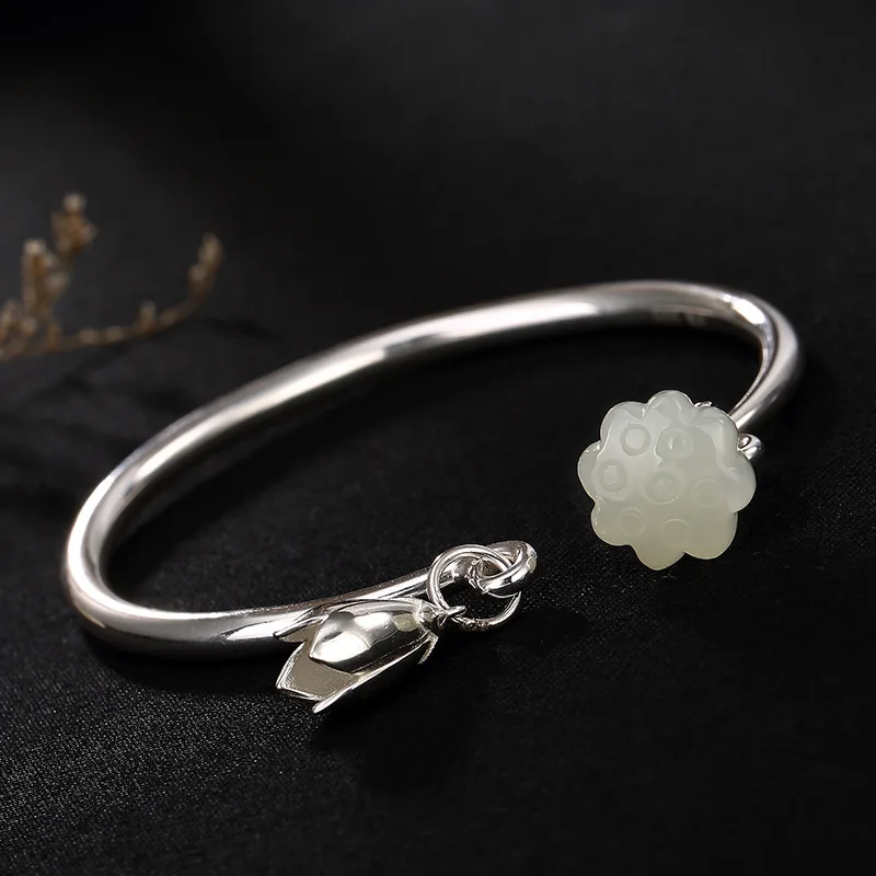 

Женский браслет с цветком лотоса, незамкнутый браслет из серебра 925 пробы с гравировкой из натурального нефрита