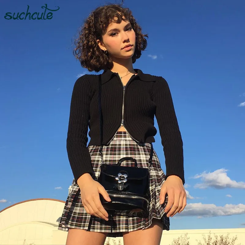 SUCHCUTE Modis, Женская куртка, свитер, кардиган на молнии, черный, вязаный, Повседневный, длинный, осень, праздничная женская одежда