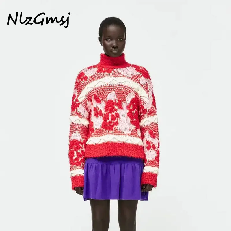 

Женский свитер Nlzgmsj Za 2021, зимние Свободные Повседневные свитера с длинным рукавом и высоким воротом, Женский винтажный шикарный пуловер, дже...