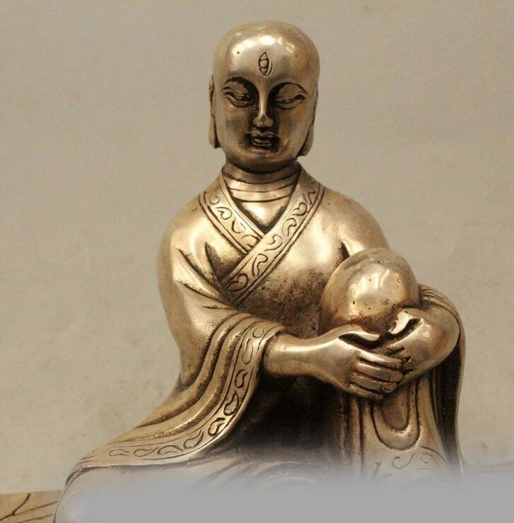 ---725+++9&quot Chinese Silver Buddhist 3 Eyes Arhat Monk Buddha Sitting Stool Chair Statue | Дом и сад