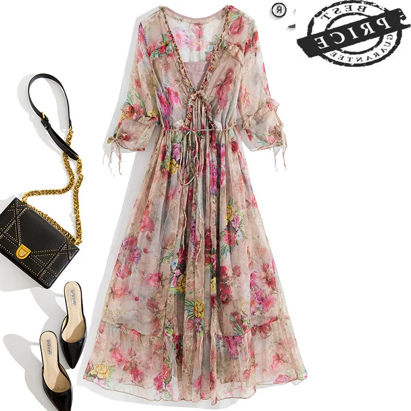 

Fashion 2021 100% Silk Summer Dress for Women Beach Floral Ladies Dresses Elegant Midi Woman Dress Vestido De Mulher 3a55