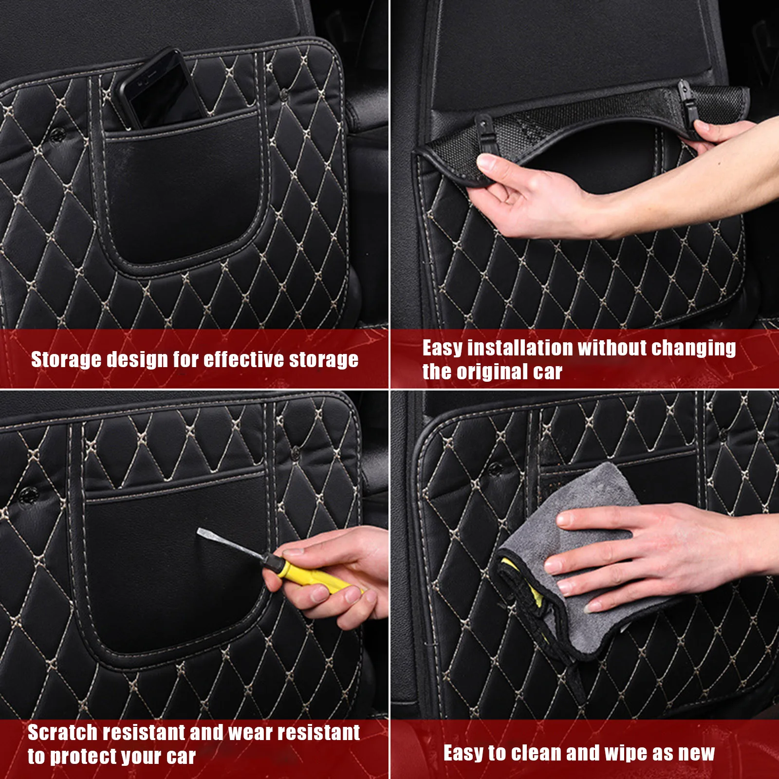 

Leather Seat Back Protector Cover Anti Kick Mat With Phone Storage Pocket Car Accessory