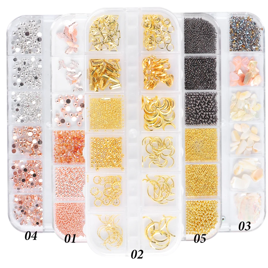

12 Grids 3D Nail Rhinestone Moon Gold Butterfly Heart Nail Art Charms Caviar Beads Decoration Ongles Manicure Accesoires GL1875