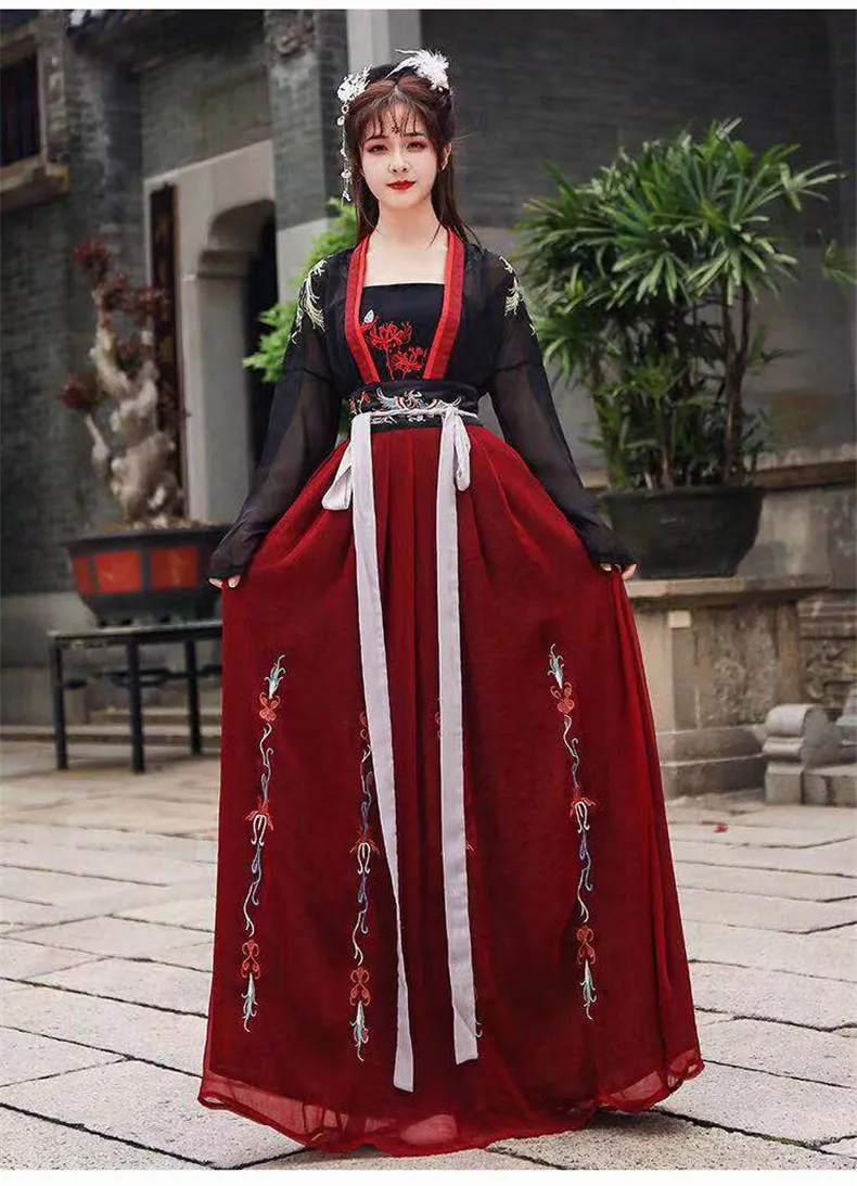 Традиционное китайское платье с черной вышивкой ханьфу Женский комплект из 3