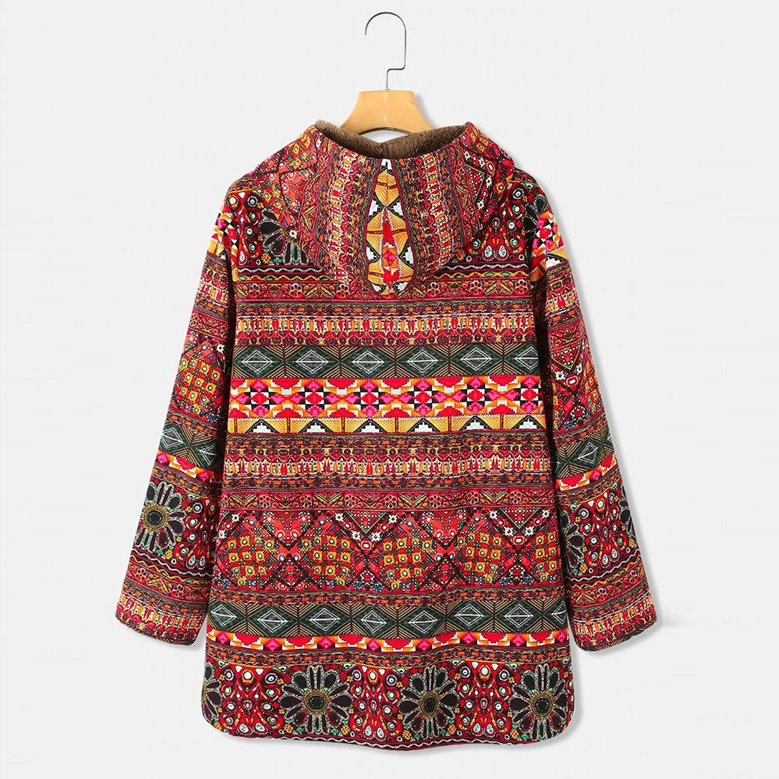 

Women Vintage Flowers Print Fleece Hooded Fashion Retro Loose Atmosphere Simple Temperament Plus Size Long Sleeve Jacket Coat