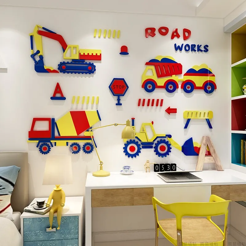 3D мультяшный автомобиль WS47 акриловые наклейки на стену для маленьких мальчиков