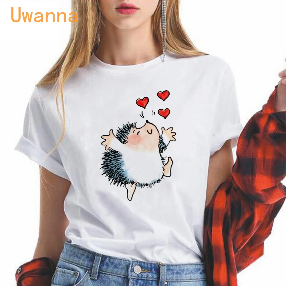 

Kawaii Hedgehog Print Cute Cartoon T Shirt Women O-neck Short Sleeve Casual White Tops Tshirt New Summer Fashion T-shirt Female