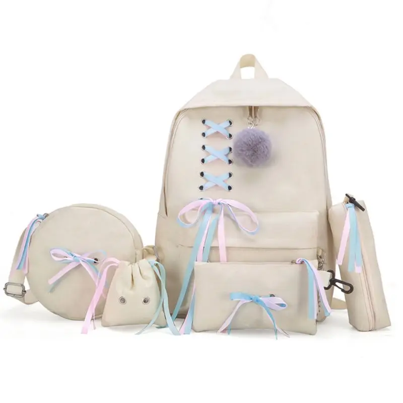 

5pcs Canvas Backpack Ribbon Handbag Shoulder Drawstring Bag Pencil Case Set 20CA