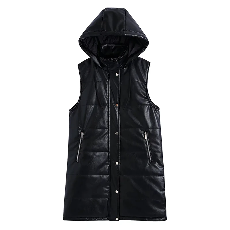 2022PU Faux Leather Long Parka Coat Hooded Single Breasted Waistcoats Women Winter Warm Thick Cotton Vest Casual Loose Outerwear