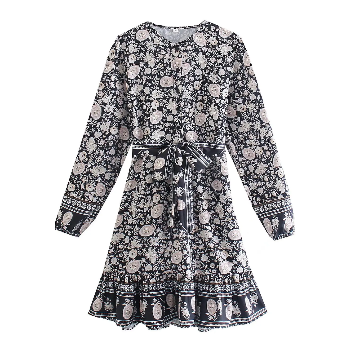 

Willshela женское винтажное платье с цветочным принтом и поясом, круглый вырез, длинные рукава, элегантное женское Платье До Колена