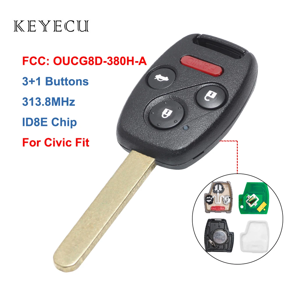 Дистанционный ключ Keyecu брелок с 3 + 1 кнопками чип 313 8 МГц ID8E для Honda Civic Fit 2005 2006 2007