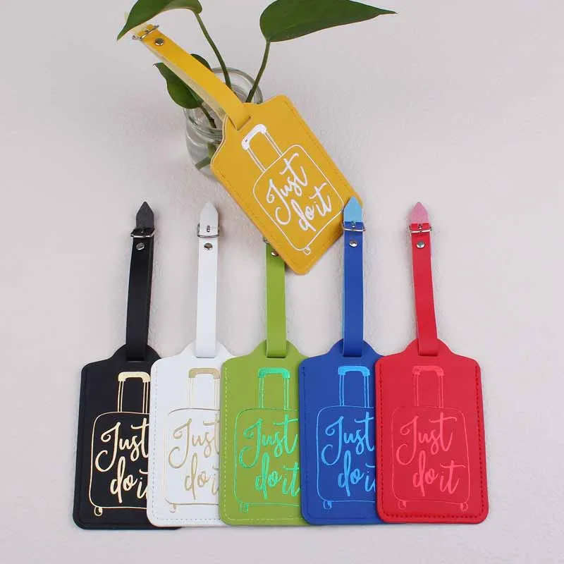 

New Hot Stamping Luggage Candy Color PU Leather Luggage Tag Women Portable Label Suitcase ID Address Holder Baggage Boarding