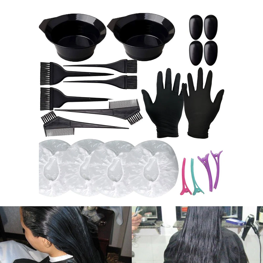 

22pcs Earmuff Latex Gloves Color Mixing Dye Bowl Comb Brush Styling Hair Tint Tool Set Shower Cap Coloful Hairclips Home Salon
