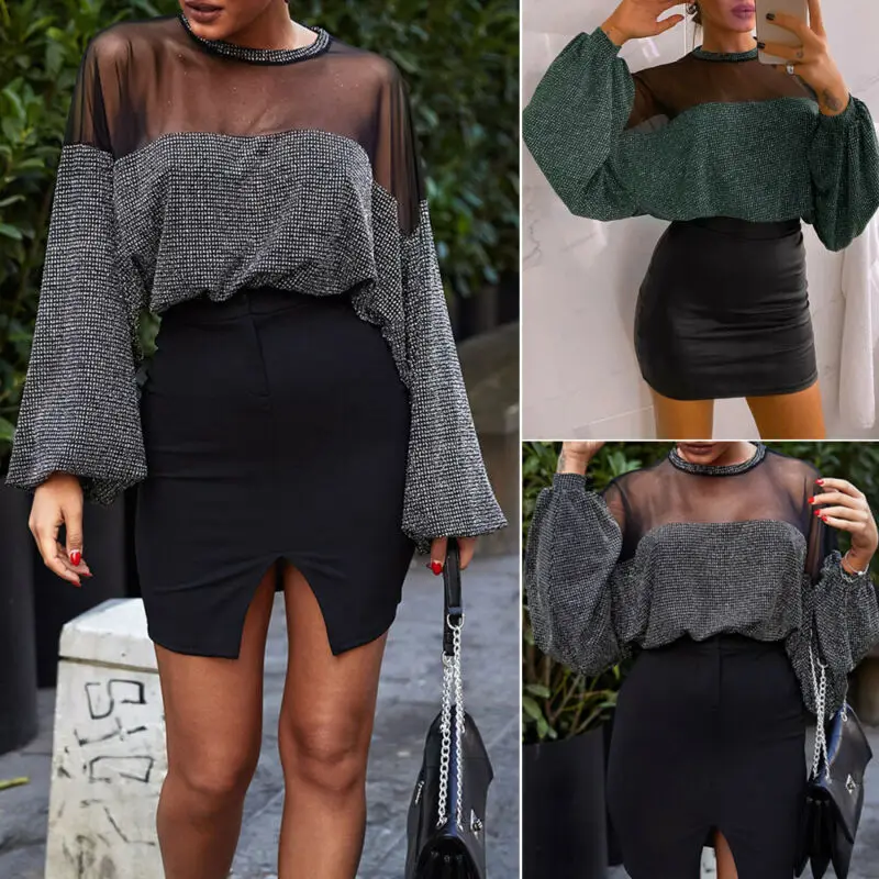 Hirigin сетчатые Топы в стиле пэчворк пикантная Просвечивающая Футболка с блестками