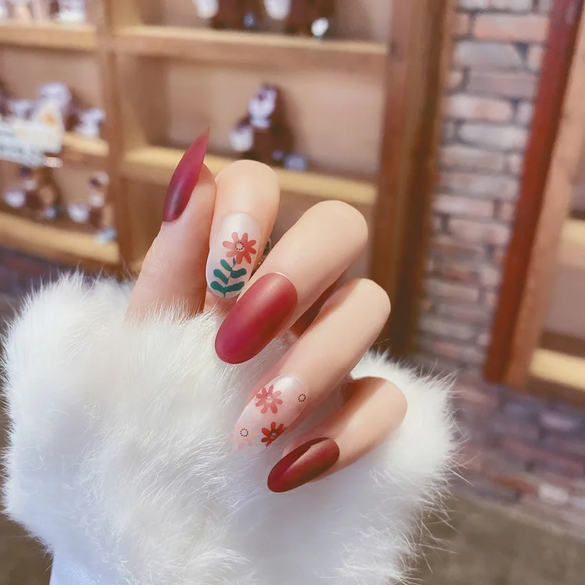 24pcs/box High Quality Red Flowers Small Fresh Wear Fake Nails DIY Nail Decoration Supplies | Красота и здоровье