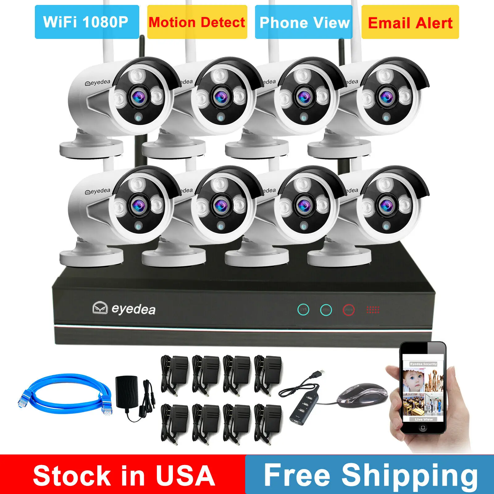 Эйедея 8 CH HDMI 1080P WiFi NVR 2.0MP Пуля Открытый водонепроницаемый ночного видения телефон