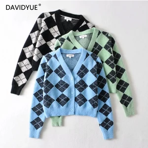 Свитер женский, кардиган, короткий топ с длинным рукавом в Корейском стиле, вязаные зеленые кардиганы, винтажные клетчатые свитера на пуговицах, Рождественский свитер