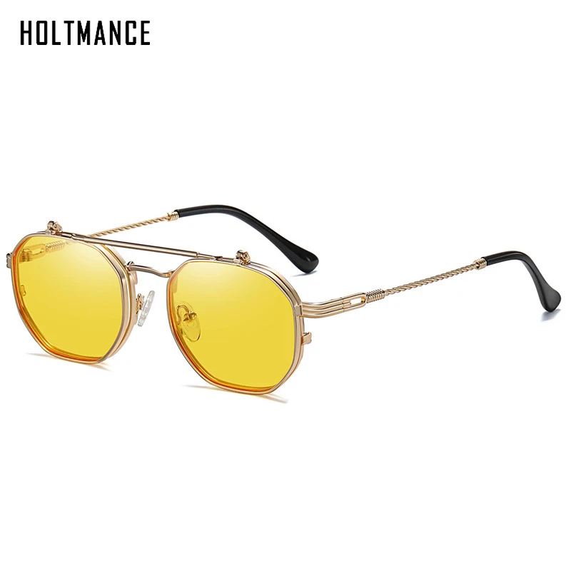 

HOLTMANCE Retro Metal Punk Polygon Square Polarized Men Sunglasses Fashion Women Flip Clear Ocean Lens Sun Glasses Shades UV400