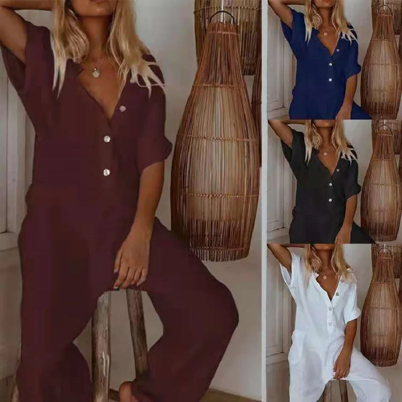 

Overalls For Women 2021 High Waist Cotton Linen Slim Jumpsuit Summer Wide-Leg Pants Loose Plus Size Playsuits Romper AB138