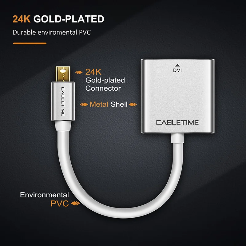 Переходник CABLETIME Mini Displayport на DVI позолоченный переходник DP M/F для MacBook Air Laptop Surface Pro