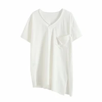2021 spring new korean womens fashion white v collar bottoming shirt irregular patchwork pocket short sleeve t shirt for women