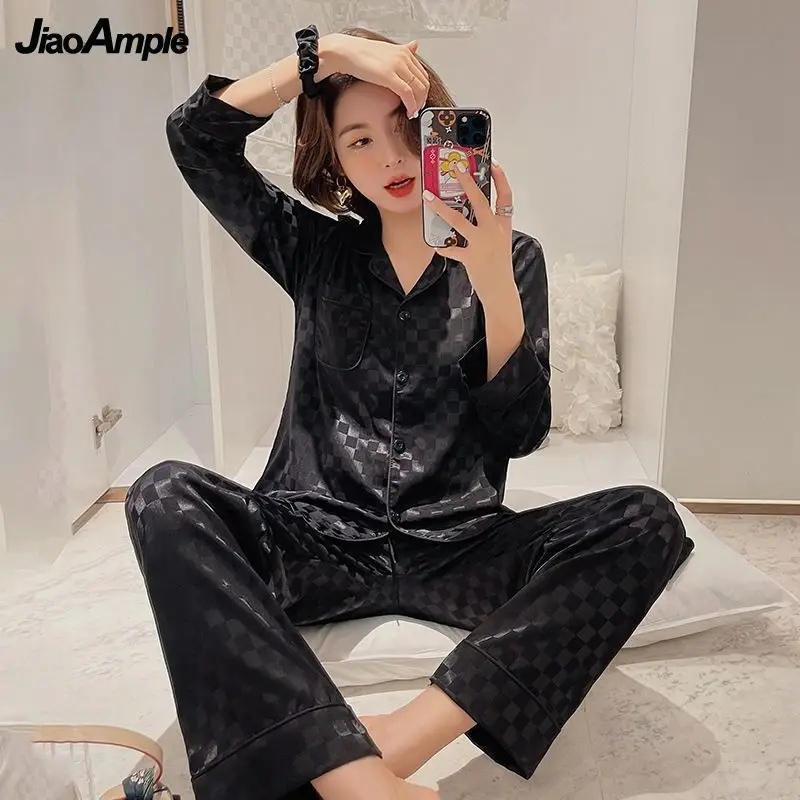 Summer Ice Silk Pajamas Women 2022 Spring Autumn New Long-sleeved Trousers Pijamas Two-piece Korean Fashion Plaid Sleepwear
