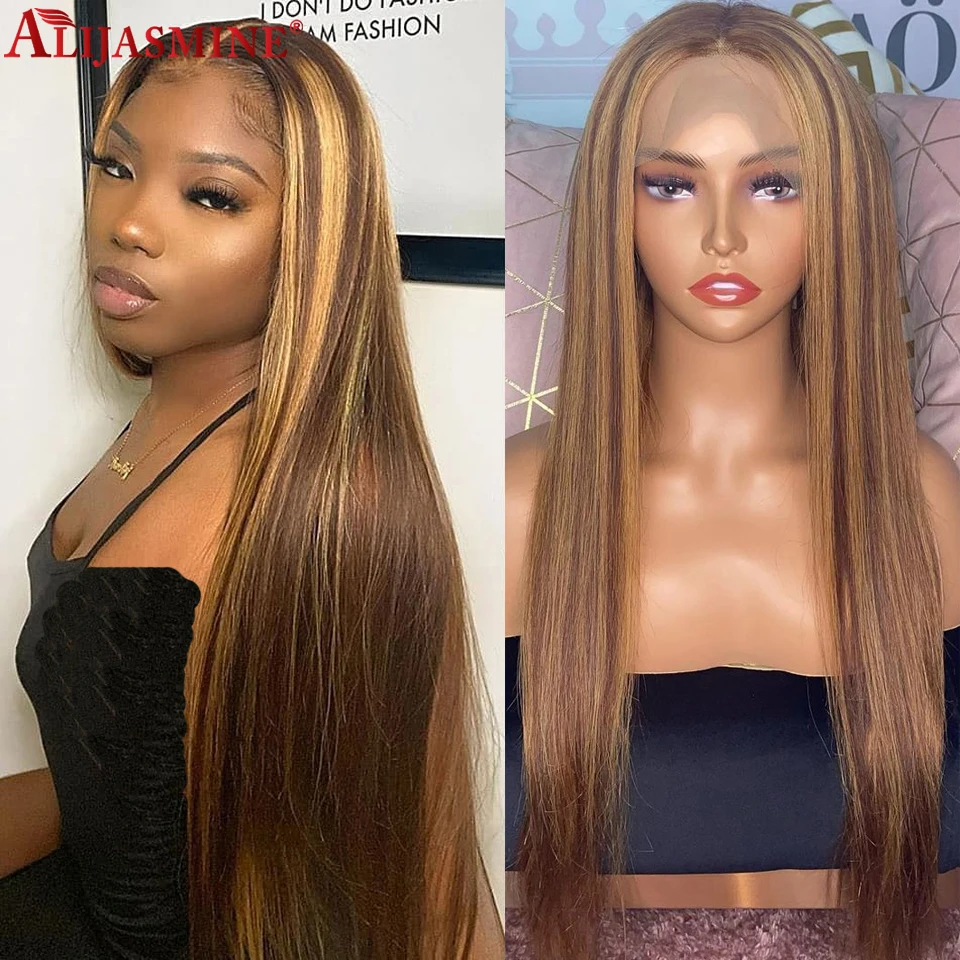 

38Inch Highlight Wig Honey Brown Colored Human Hair Wigs Brazilian Remy Ombre Straight Part Lace Wig Highlight Lace Front Wig