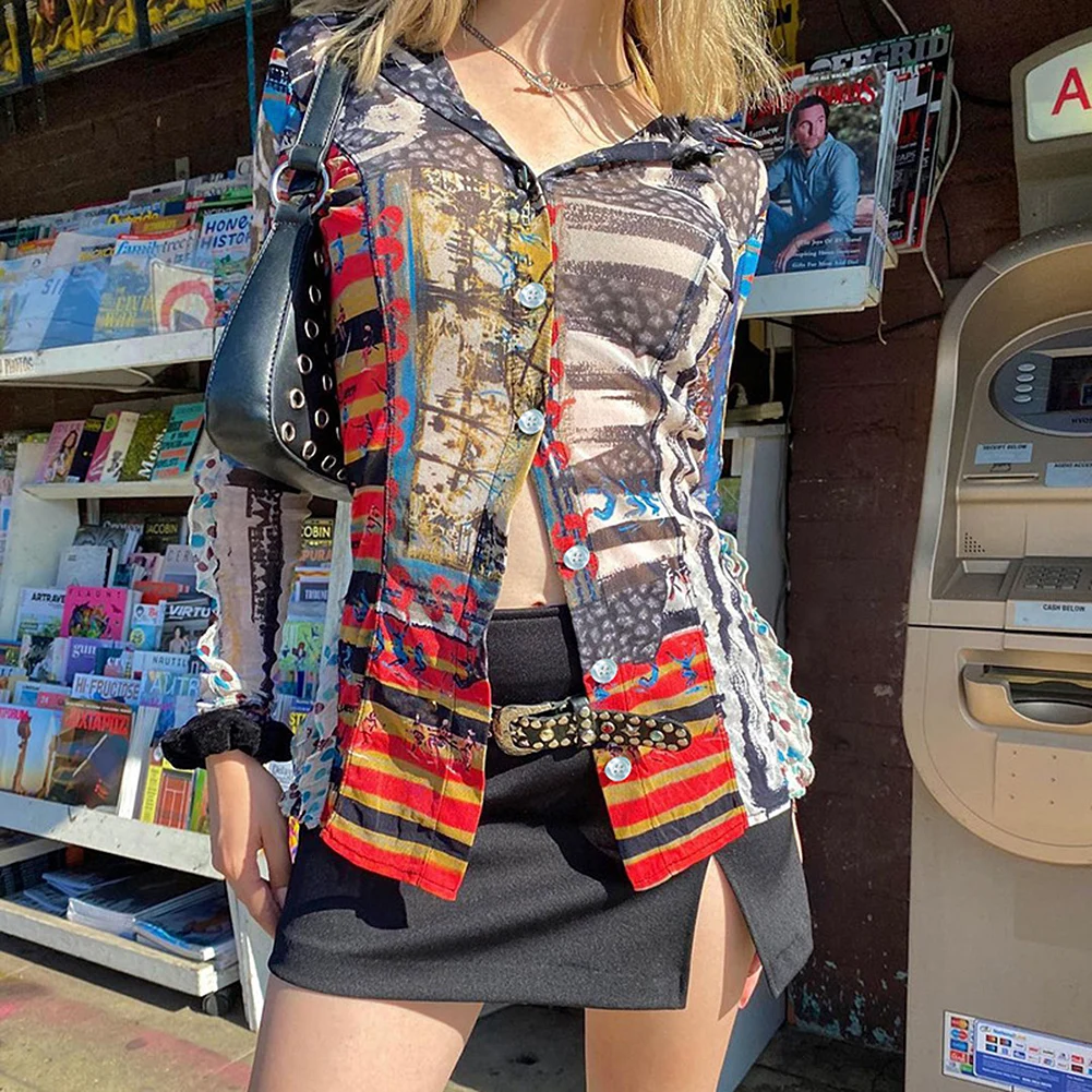 

Y2k T-Shirts Woman Patchwork Print Techwear Button Up Turn Down Collar Mesh Tops Long Sleeve Vintage E Girl Tee Autumn