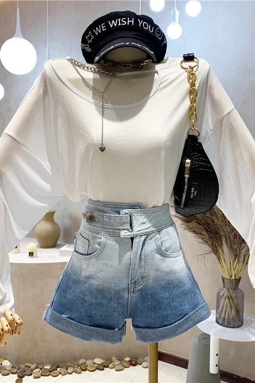 

Gradient Color High Waist Loose Thin Denim Shorts for Women 2021 New Summer Asymmetric Curling Wide Leg Pants Female