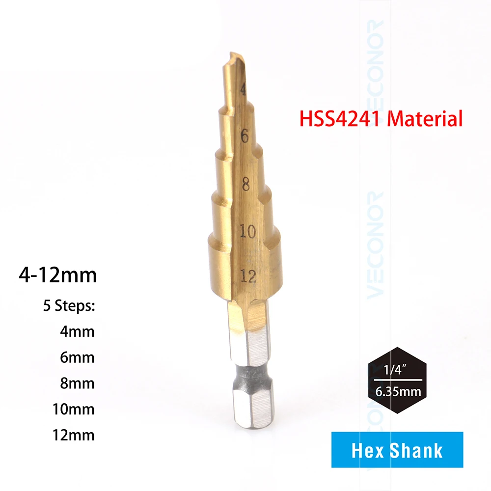 

Step Drill Bit Pagoda Shaped Metalworking Drill Bit Hex Round Shank Multichoices Sprial Type High Speed Steel
