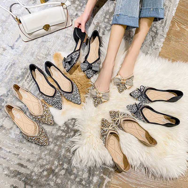 Women Ballet Flats Bling Crystal Diamond Wedding Shoes Ladies Bow Sequins Pointed Leisure Loafers Flat Sandals Big Size 35-43