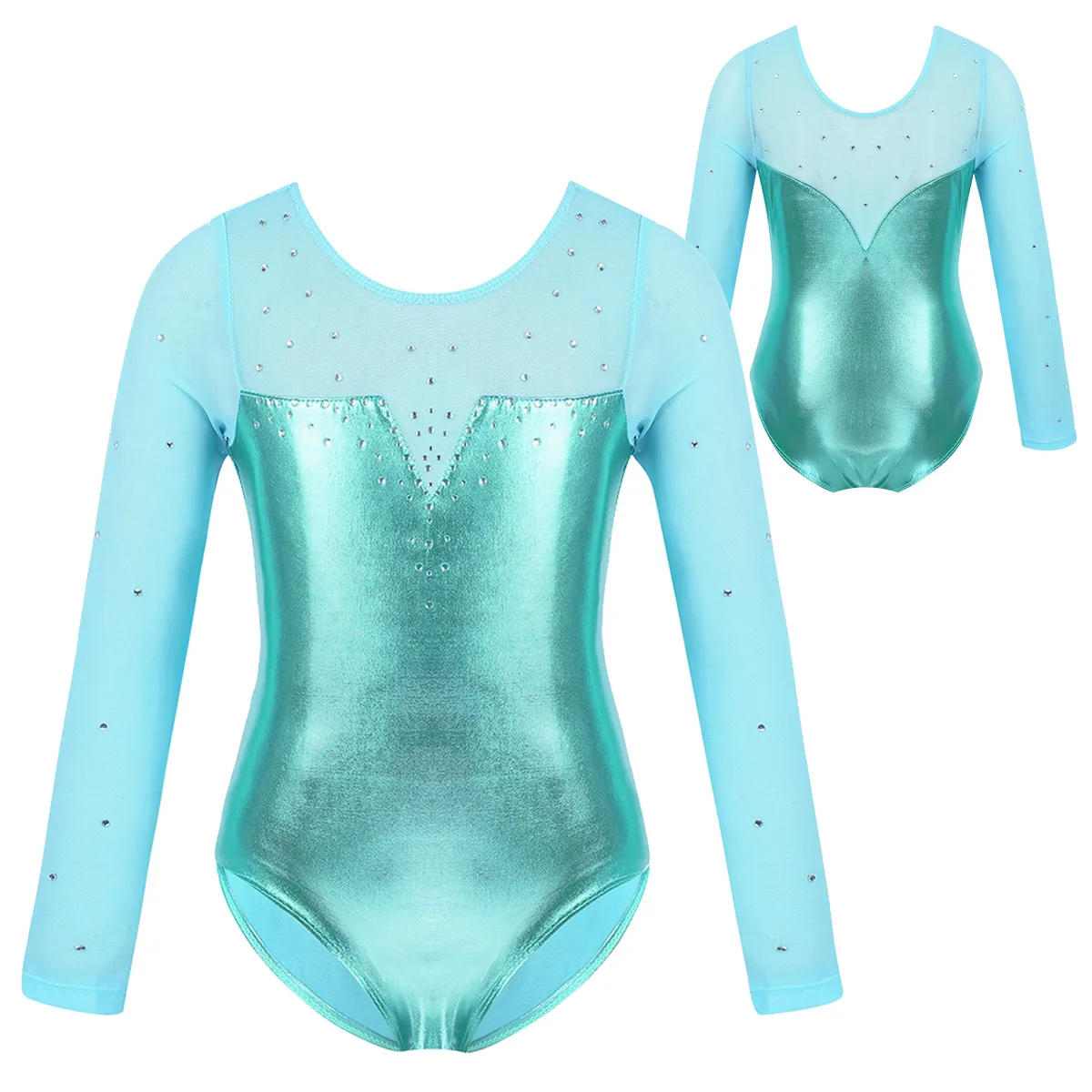 

Kids Tulle Long Sleeves Sparkly Rhinestones Metallic Gymnastics Leotard Girls Ballet Dancewear Competition Performance Costume