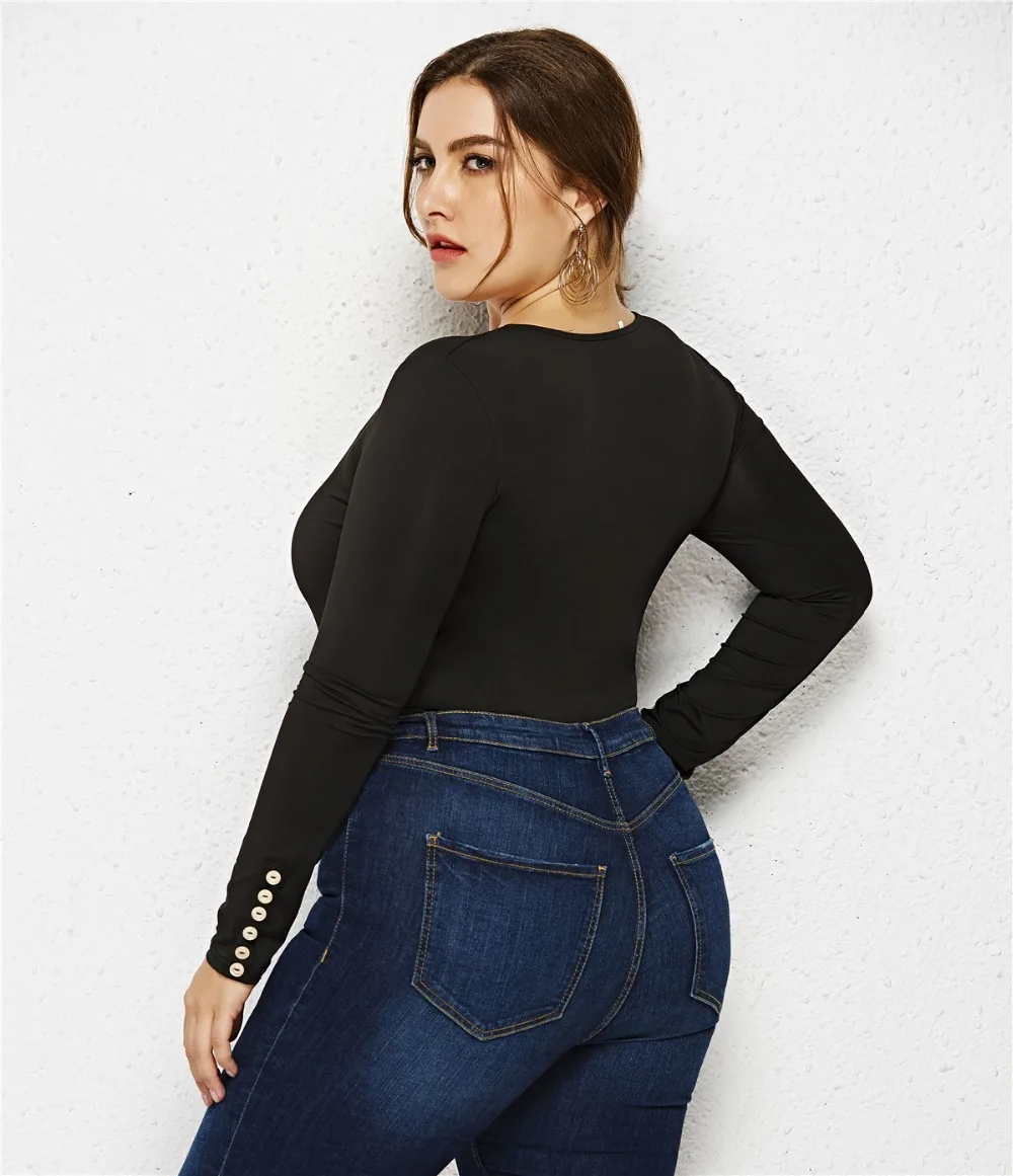 5XL6XL, большой размер, повседневный комбинезон для женщин, длинный рукав, o-образный вырез, молния, сексуальный боди, стрейч, сплошной цвет, сексуальный женский комбинезон
