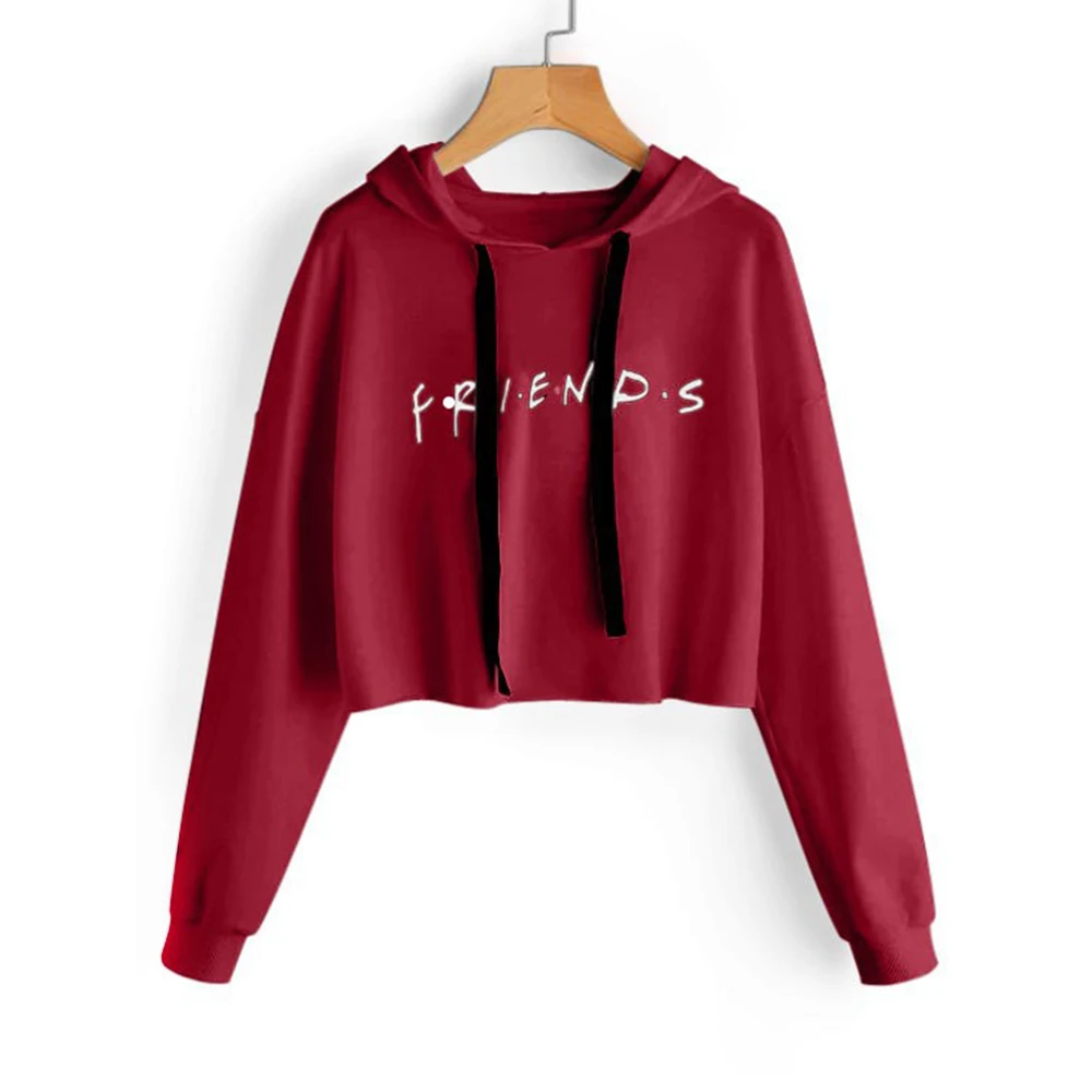 

Friends Letter Printed Long Sleeve Hooded Sweatshirt Solid Color Full Sleeve Sweatshirts Women Autumn Short Sweatshirt Tops Tees