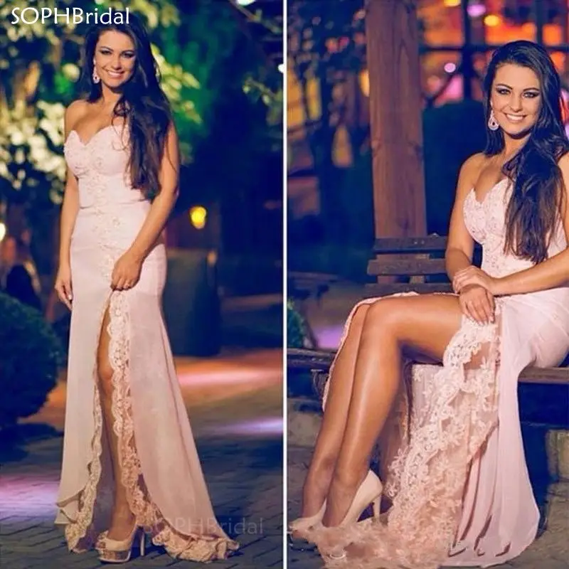 

New Arrival Sexy High Split Evening Dresses 2021 Sweetheart Lace Formal Mermaid Appliqued Floor Length Prom Party Holiday Gowns