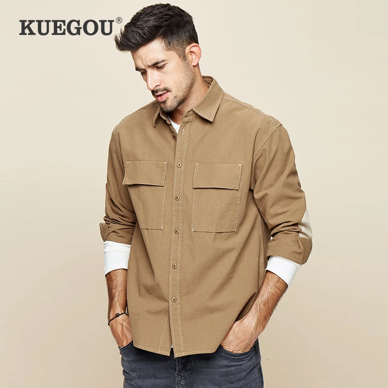 KUEGOU 2019 осень 100% хлопок белая рубашка с вышивкой Мужская одежда Повседневная