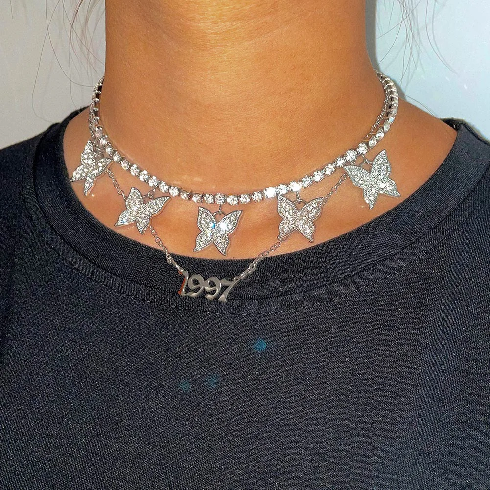

2022 Trendy Crystal Butterfly Tennis Choker Necklace For Women Stainless Steel Letter Years Chain Necklaces Multilayer Jewellery
