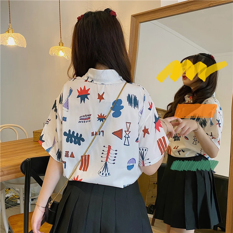 

Chiffon Loose Women's Blouses Geometry Buttons Polo Shirt Fashion Short Sleeve Top Summer New Casual Blouse Houthion