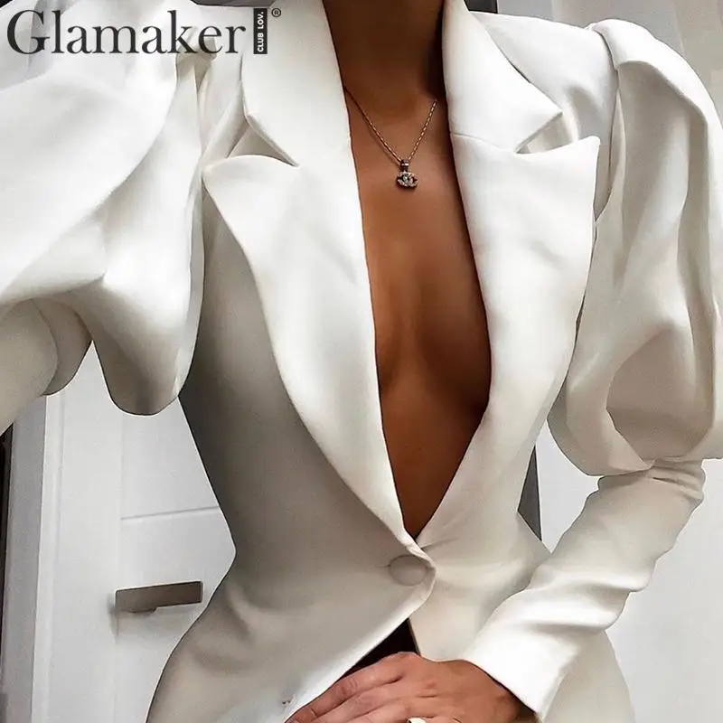 Glamaker Белый Глубокий v обтягивающий пиджак мини платье Женские Длинные Пышные рукава Вечерние Элегантные платья осень зима женские сексуальные Клубные платья