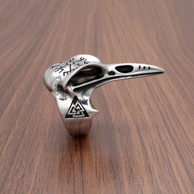 Punk 316L Stainless Steel Vegvisir Runes Futhark Rings Silver Color Black Viking Raven Ring Odin Nordic Animal Head Jewelry | Украшения и