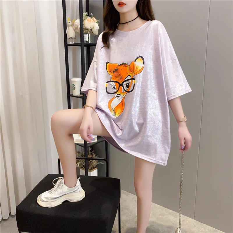 

tshirt women 2020 plus size women clothing tshirt design cartoon animal print shiny t shirt woman tshirts