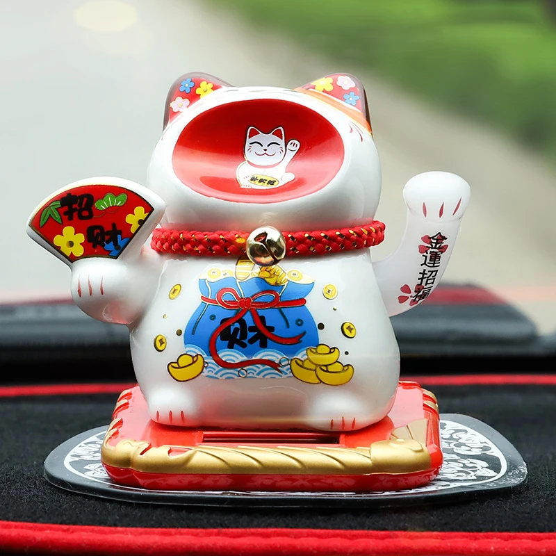 Керамический счастливый кот на солнечных батареях Maneki Neko развевающаяся рука манящая удача приветственный Кот с автомобильным ковриком Настольный Декор очаровательный подарок
