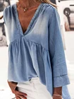 Женский джинсовый топ 2021, летнее синее свободное Повседневное платье в стиле ретро, женская синяя рубашка оверсайз в стиле ретро, Сексуальная футболка с V-образным вырезом для осени