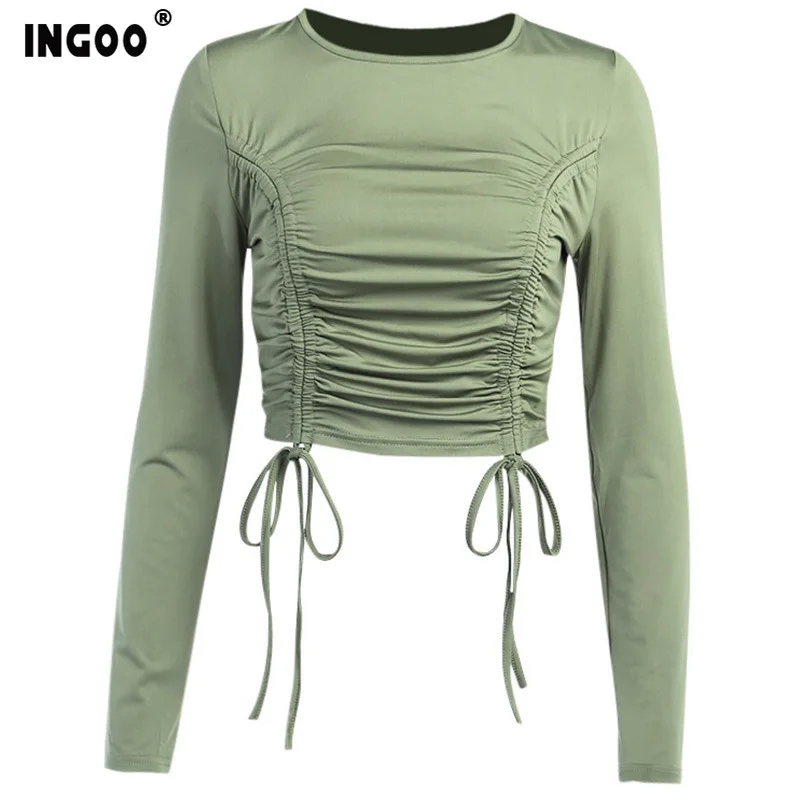 Женская футболка с длинными рукавами и рюшами INGOO Весенняя повседневная