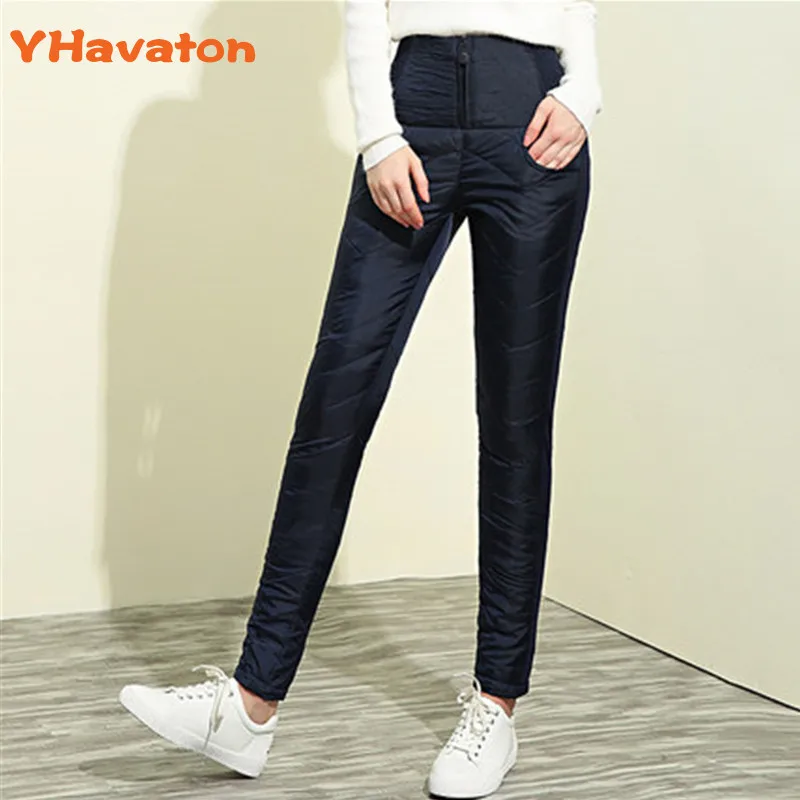 Зимние женские пуховые брюки с высокой талией толстые эластичные штаны размера