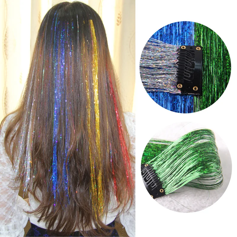 

Fashion Sparkle Hair Tinsel With Clip Bling Hair Secoration For Synthetic Hair Extension Glitter Rainbow For Girls And Party