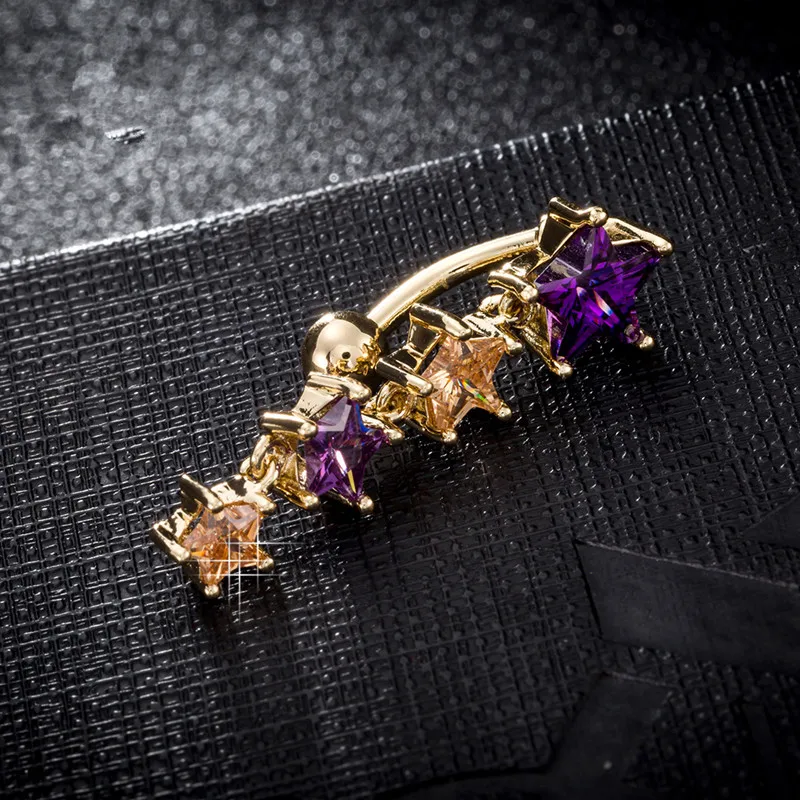 

New Luxury Crystal Navel Piercing Belly Piercing White Purple Zircon Four Star Belly Button Rings Women Body Jewelry