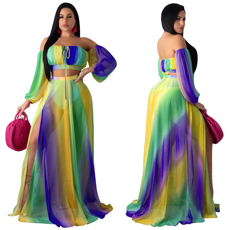 Летнее шифоновое платье-макси с открытыми плечами женское прозрачное пляжное