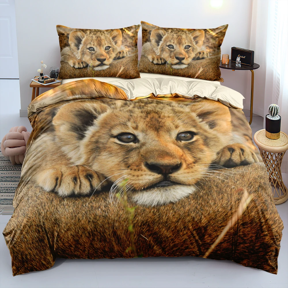 

Quality Lion Cub Duvet Cover Set Double Quilt Cover Queen Bed Linen Pillow Shams Close Skin Comforter Case 3D Design Bedding Set
